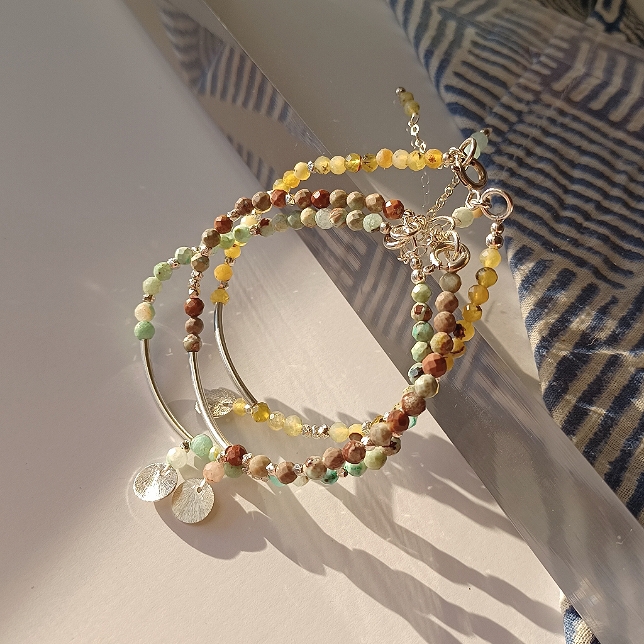 New Sterling Silver Curve Pipe With Opal And Chrysocolla Stone Bracelet